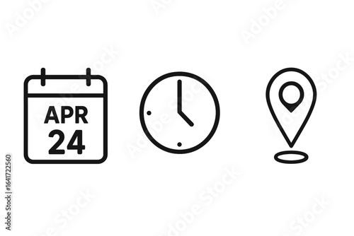 Date, Time, and Location Pointer Icons in Various Styles, Modern Calendar, Clock, and Map Pin Symbols, Vector Illustration on Transparent Background for UI Design and Navigation