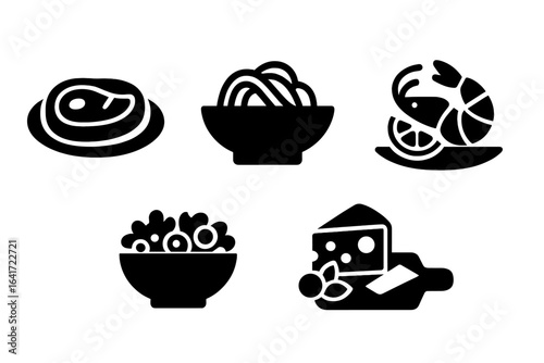 Gourmet food icon set. Solid glyph icons for restaurant menu or delivery app. Includes steak, pasta, seafood shrimp, salad, and cheese platter. Vector illustration.