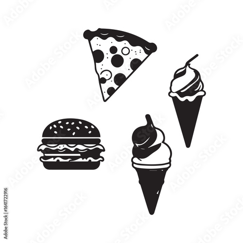 Vector art of assortment of fast food and desserts including pizza, burger, and ice cream cones, isolated on white background