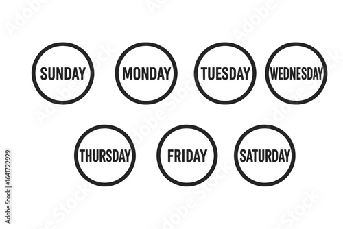 Days of the week circular badge icons. Modern weekly planner symbols. Seven day calendar vector set. Black outlined weekday graphic elements. Office, school, scheduling concept illustration.