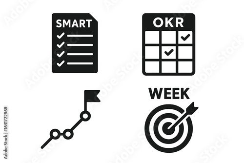 Goal Setting Icon Set, Solid Filled Vector Illustrations of SMART Goals, OKR Grid, Milestone Chart, Weekly Target, Productivity Symbols on Transparent Background