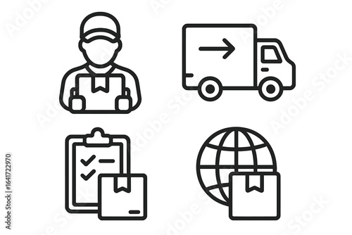 Delivery and logistics vector icon set in bold line style. Shipping, courier, global delivery, transport truck, checklist, worldwide package distribution, web and mobile logistics operations.