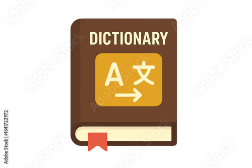 Dictionary book translation concept. Language vocabulary symbol. Reading education e-book literature encyclopedia reference guide. Vector illustration brown cover with bookmark. Learning tool.
