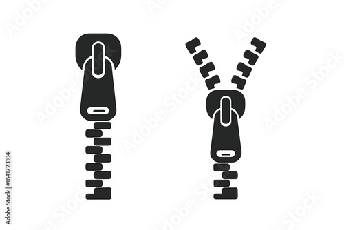 Vector illustration of closed and open zipper fastener icons on transparent background, detailed zipper teeth, metal slider, fastening concept, garment accessory symbol