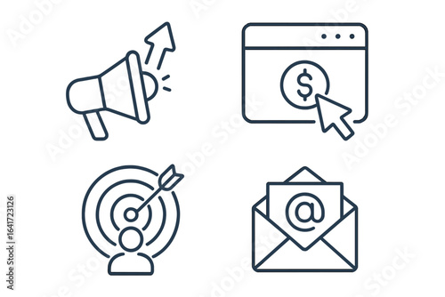 Digital marketing icons set. Line style web icons for advertising, pay per click, target audience, email campaign. Marketing strategy vector illustration. Business web symbol clipart.