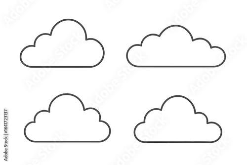 Set of 4 Different Cloud Shapes in Linear Style, Outline Cloud Icons, Sky Elements, Vector Illustration Collection on Transparent Background, Cloudy Weather Symbols