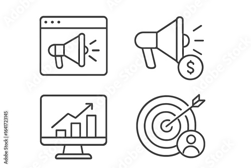 Digital marketing strategy icons set. SEO optimization, online advertising, pay per click, target audience analysis, business growth marketing, web analytics, website promotion, vector illustration