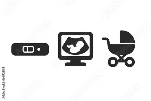 Growing Family Milestones Icons, Solid Filled Vector Set of Pregnancy Test, Ultrasound Scan, Baby Carriage Symbols for Parenthood and Newborn Stages