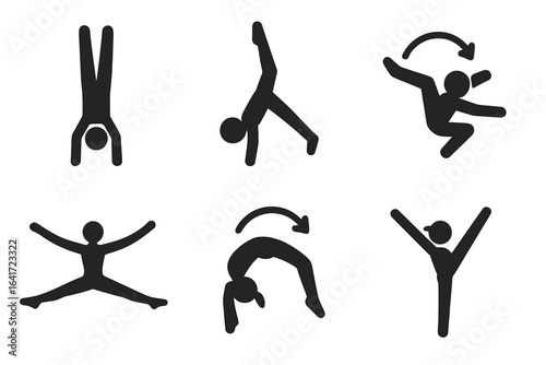 Gymnastics Moves Icons Set, Solid Filled Vector Illustrations of Handstand, Cartwheel, Somersault, Split Leap, Backflip, Aerial, Gymnastics Pictograms on Transparent Background