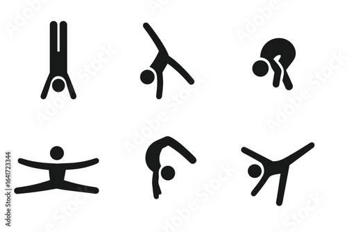 Gymnastics Moves Icons Solid Filled Vector Set Including Handstand, Cartwheel, Somersault, Split Leap, Backflip, Aerial Gymnastics Poses Transparent Background
