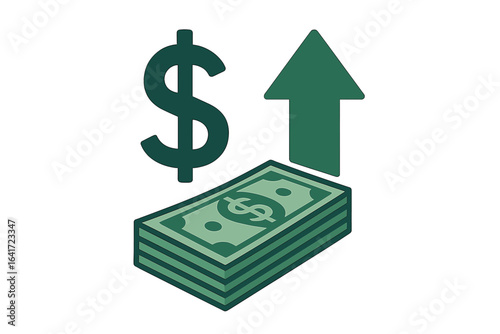 Dollar rate increase symbol with upward arrow, cash stack growth, salary raise and investment profit concept, business earnings gain vector illustration on transparent background