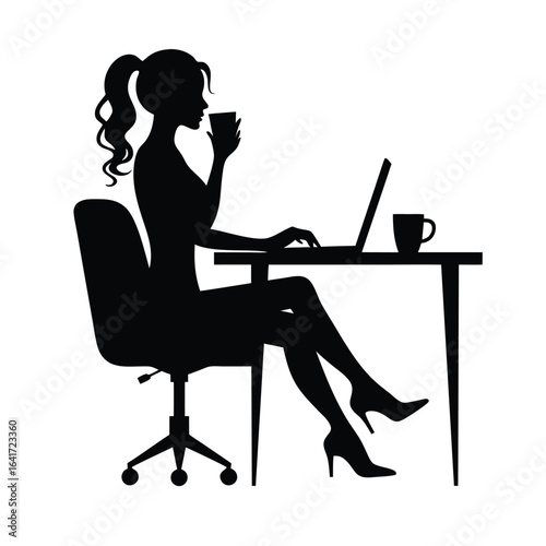 Woman silhouette working on laptop drinking coffee at desk 9