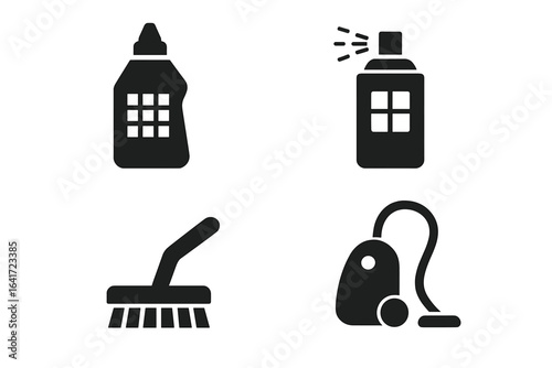 Grout maintenance solid icon set. Vector glyphs for floor and tile cleaning. Home improvement tools like grout cleaner, sealant spray, brush, and vacuum cleaner. Pictograms.