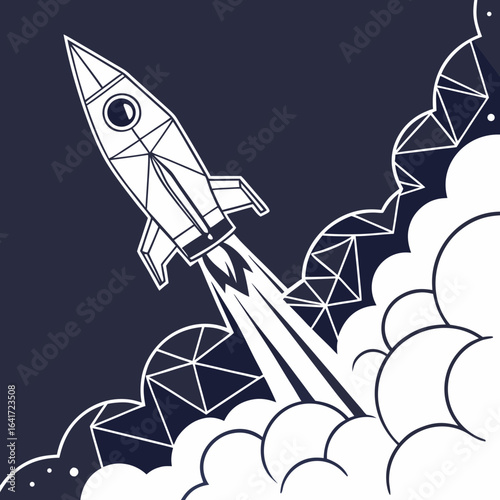 Rocket Ascent into the cosmos: A geometric, futuristic rocket blasts off into the vast inky cosmos, leaving trails of smoke as it embarks on a new journey, filled with anticipation and wonder.