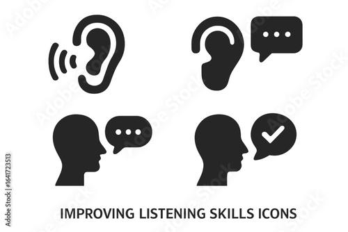 Improving Listening Skills Icons, Communication and Conversation Solid Filled Vector Icons, Ear and Speech Bubble Symbols for Effective Dialogue and Active Listening
