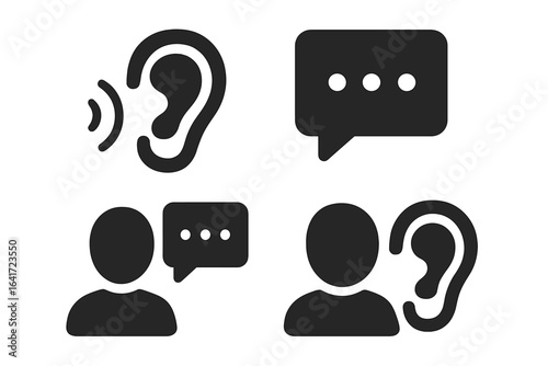 Improving Listening Skills Icons, Solid Filled Vector Set, Communication Concepts with Ear and Speech Bubble Symbols, Transparent Background, Listening and Speaking Illustration