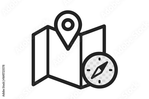 Location navigation icon with map, GPS pin, compass, direction marker, travel route, navigator pointer, wayfinding path, traffic, orientation symbol, journey planning, vector illustration isolated
