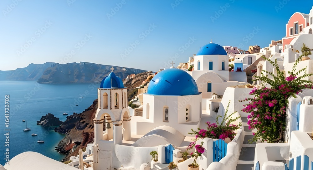 Naklejka premium Santorini's Aegean Jewel: Vibrant Bougainvillea & Blue-Domed Churches