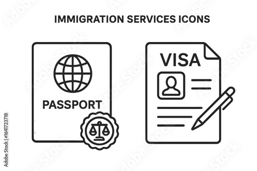 Immigration Services Icons, Passport and Visa Outline Vector Set with Legal Stamp and Application Form, Migration and Travel Documents Symbol Collection for Legal and Visa Assistance