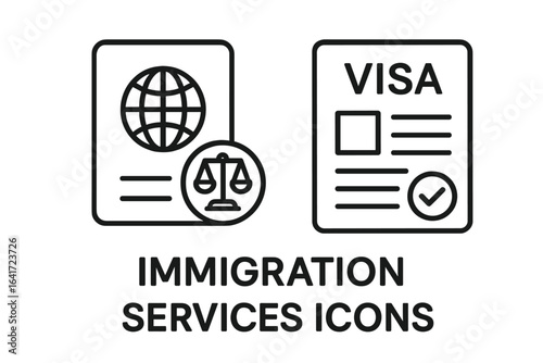 Immigration Services Icons Set. Outline Vector Icons of Immigration Legal Services, Passport with Legal Symbol, Visa Application Form, Immigration Process, Travel Documents