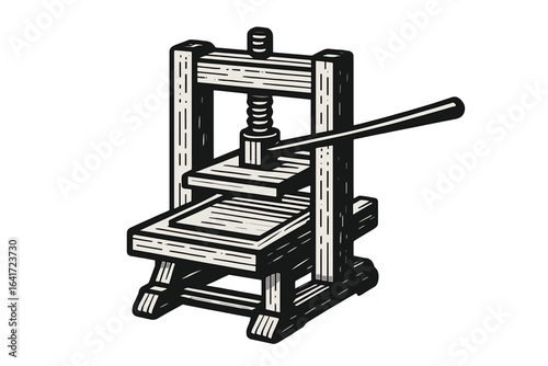 Vintage Wooden Printing Press Illustration. Old Manual Letterpress Machine for Printing, Typography, Publishing, Historical Printmaking, Antique Press Design, Retro Vector Art.