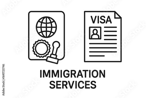 Immigration Services Icons, Outline Vector Set of Immigration Legal Services with Passport, Visa Application Form, Legal Stamp Symbols for Travel and Migration
