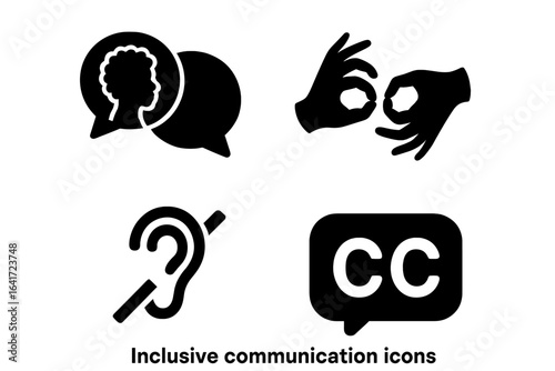Inclusive communication icon set. Solid glyph icons for accessibility and diversity concepts. Vector symbols for disability, deaf community, hearing loss, sign language, and closed captions.