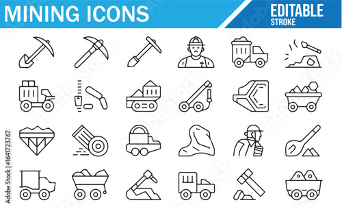 Editable vector icons for mining, excavation, and industrial tools.