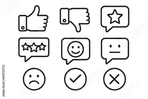 Feedback icon set with editable stroke, vector illustration of thumbs up and down, star ratings, smiley faces, checkmark and cross symbols, user rating and review icons