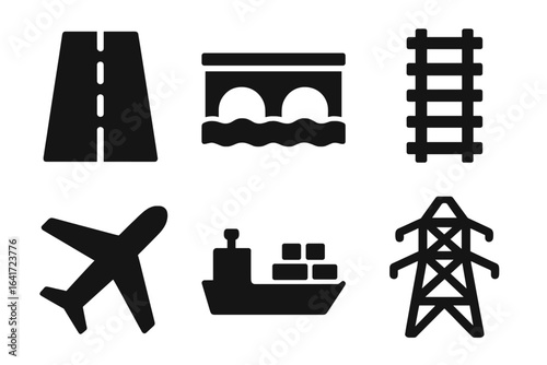 Solid Infrastructure Icon Set, Filled Vector Symbols of Roads, Bridges, Railways, Airports, Ports, and Power Transmission for Province and Urban Development