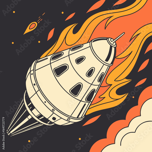 Rocket ship ablaze in Space: A retro-styled rocket ship soars through the dark expanse of space, engulfed in flames and leaving a fiery trail behind, against a backdrop of stars, clouds and a meteor.