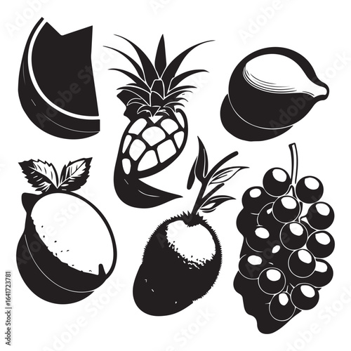 Vector art of assortment of fresh, ripe fruits including watermelon, pineapple, lemon, apple, and grapes, isolated on white background