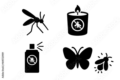 Insect Season Icons Set, Solid Filled Vector Graphics of Mosquito, Citronella Candle, Bug Spray, Butterfly, Firefly, Insect Repellent, Summer Pest Control Illustration
