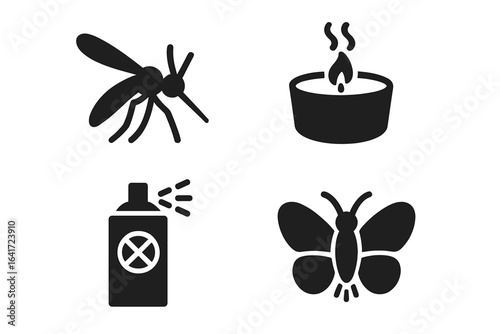 Insect Season Vector Icons Set, Solid Black Filled Mosquito, Citronella Candle, Bug Spray, Butterfly and Firefly Silhouettes, Summer Pest Control and Nature Symbols on Transparent Background