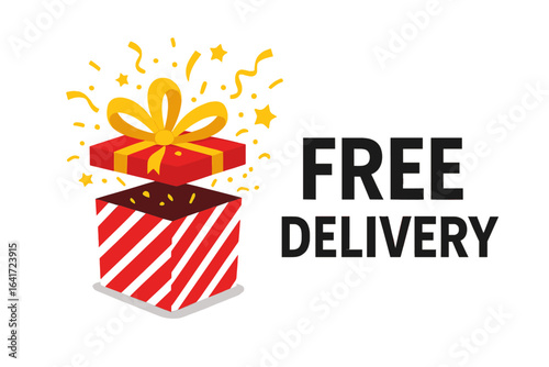 Free delivery gift box concept. Open present surprise with gold bow. Discount shopping promo banner. Holiday sale vector illustration. Festive confetti celebration. Ecommerce shipping marketing ad.