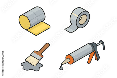 Isometric Insulation Tools Icon Set for Sealing and Duct Insulation Tasks, Flat Vector Illustrations of Insulation Roll, Foil Tape, Brush with Mastic, and Caulking Gun on Transparent Background