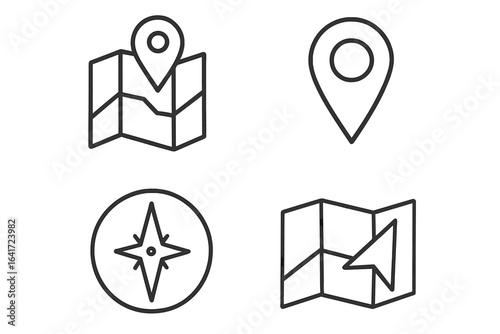 Navigation and location icon set. GPS map, location pin, compass, direction arrow. Simple black line style. Modern vector illustration for travel, guide, road, orientation, mobile apps, web UI.