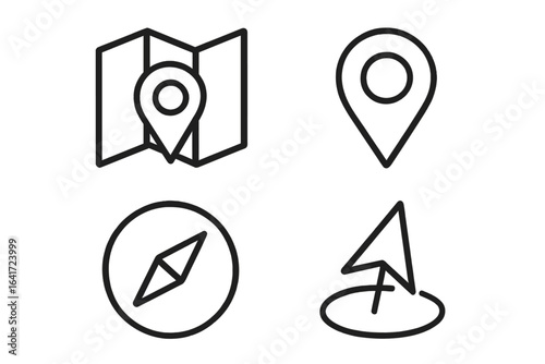 Navigation map location pin pointer icon set. Compass, GPS route, travel direction, wayfinding, destination marker. Black outline vector symbols collection. Mobile navigation web elements isolated.