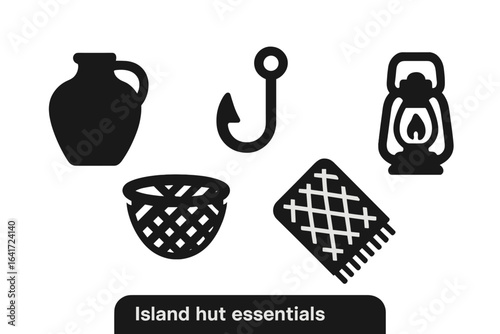 Island hut essentials solid filled icon set including water jug, bamboo basket, fishing hook, lantern, woven mat, traditional tropical utilities vector illustration