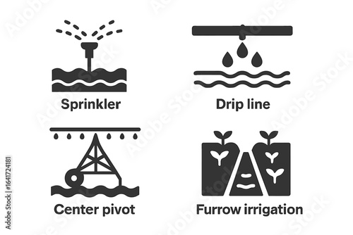Solid Filled Vector Icons of Irrigation Methods Including Sprinkler, Drip Line, Center Pivot, and Furrow Irrigation with Agricultural Watering Symbols on Transparent Background