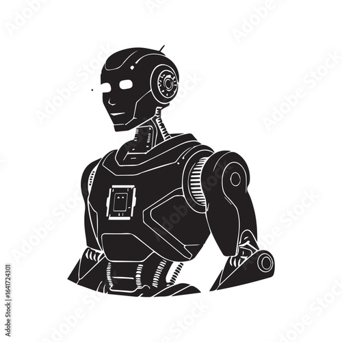 Vector art of black silhouette of a futuristic humanoid robot, isolated on white background