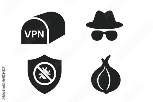 Internet Privacy Icons Solid Filled Vector Set of VPN Tunnel, Incognito Browser, Tracker Protection Shield, Onion Network Security, Digital Privacy and Anonymity Symbols