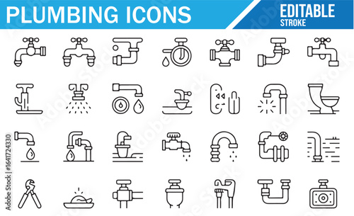 Plumbing tools and fixtures icons in a clean, editable line style.