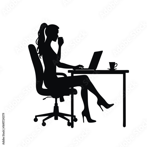 Woman silhouette drinking coffee at desk with laptop 3
