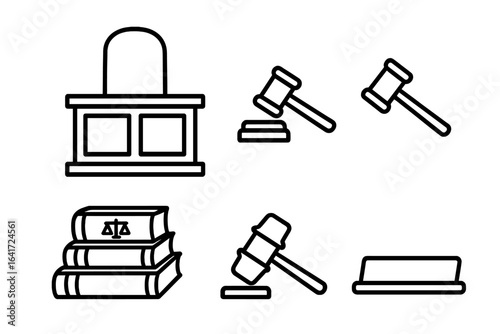 Judicial and Legal Icons Set. Courtroom Gavel, Judge's Bench, Law Books, Justice Scale, Legal Symbols, Law and Order Concept, Transparent Vector Illustration
