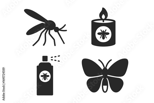 Insect repellent and pest control vector icon set. Mosquito, bug spray, citronella candle, and butterfly glyphs. Summer protection and bite prevention symbols. Solid icons.