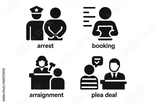Criminal Justice Process Icons Set, Solid Filled Vector with Arrest, Booking, Arraignment, Plea Deal and Trial Elements on Transparent Background, Legal System and Courtroom Illustration