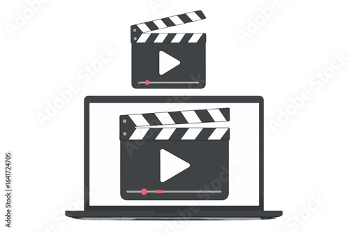 Online video tutorial, movie playback, clapperboard and media player on laptop screen. Streaming cinema concept, notebook with digital film, e-learning, remote video course, filmmaking, web screen.