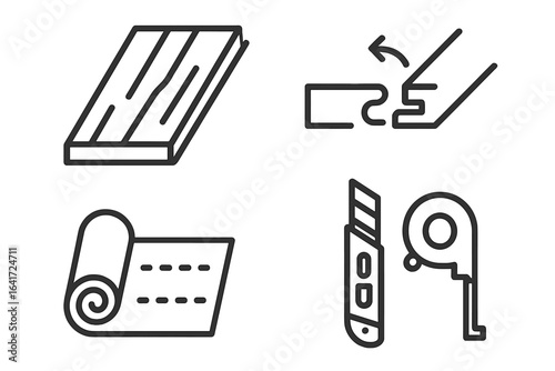 Laminate Flooring Icons Vector Set, Outline Style Illustrations of Laminate Plank, Click Lock Edge, Underlayment Pad, Utility Knife, Retractable Tape Measure for Installation