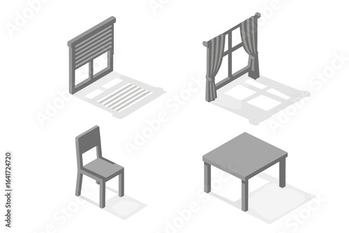 Isometric Interior Shadows, Flat Icon Set of Window Blinds, Curtains, Chair, Table with Transparent Shadows, Modern Home and Office Furniture Vector Illustration